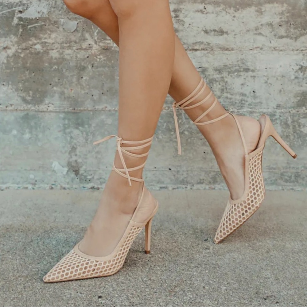 Lulu's Nude Mesh Lace-Up Pointed Toe Heels